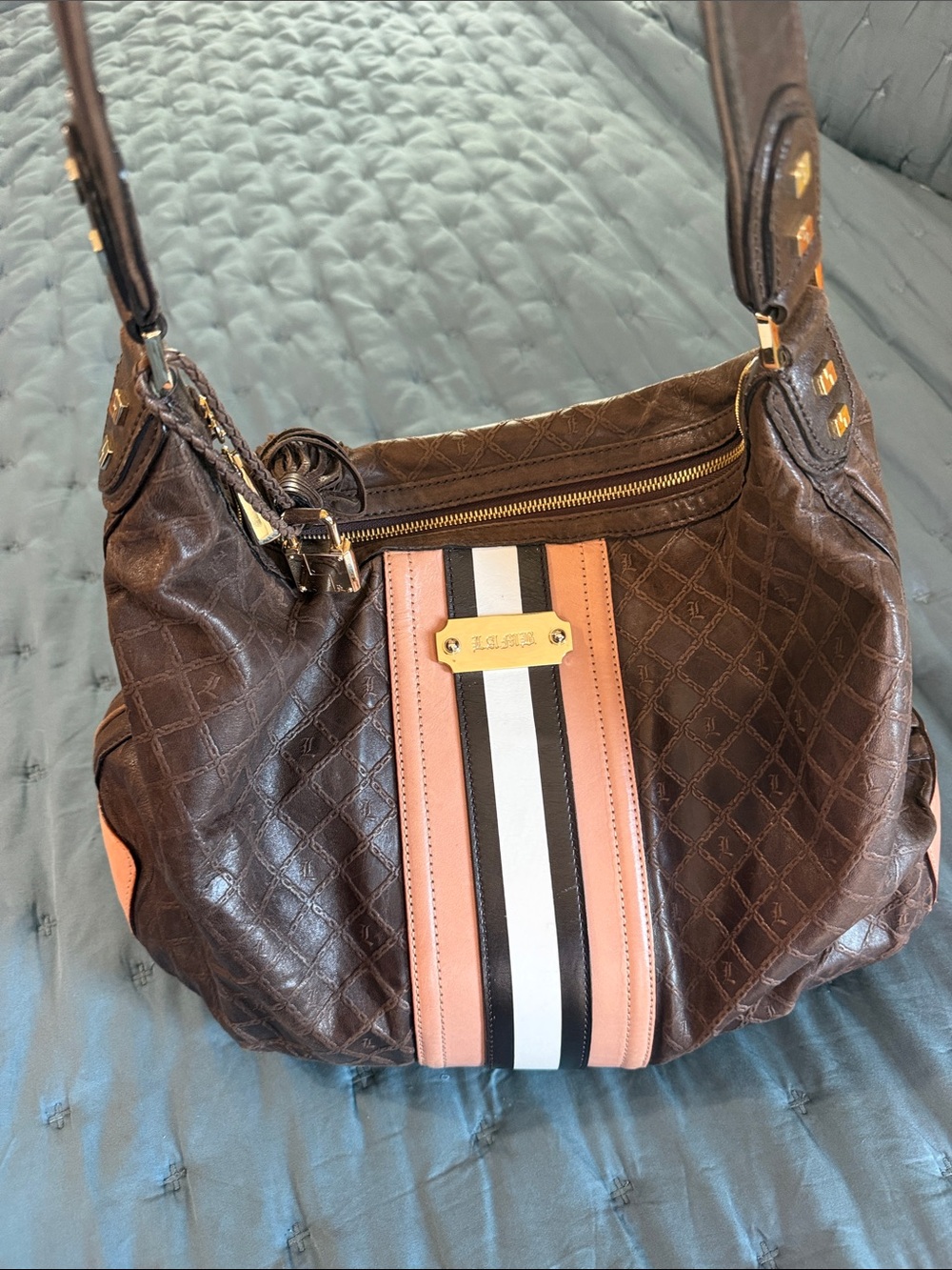 LAMB Brown Leather Shoulder Bag with Pink and Black Stripe